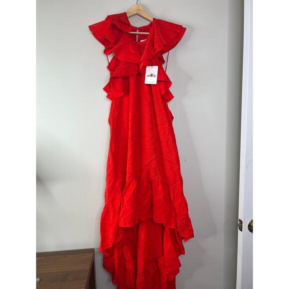 NWT Amur Ruffled Gathered Floral-Jacquard Lined Cap Sleeve Hi-Lo Dress Red Sz: 0 - Picture 2 of 9